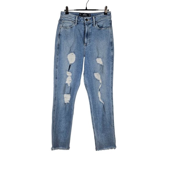 Hollister Juniors Curvy Ultra High Rise Mom Jean Size 7 Distressed Raw Hem Women - Picture 1 of 4